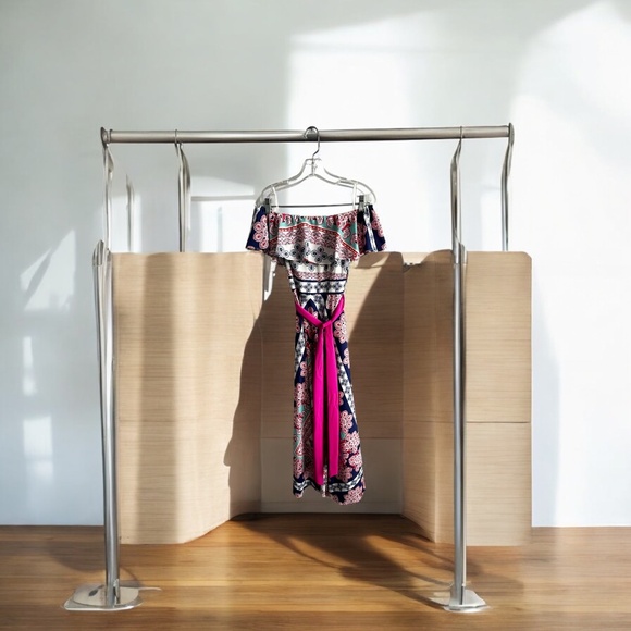 Eliza J Off Shoulder Floral Maxi Dress with Pink Belt - Picture 2 of 5